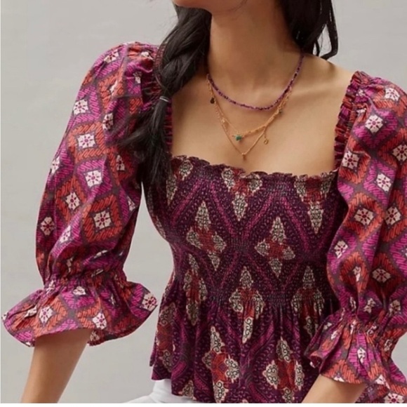 Anthropologie Conditions Apply Berry Smocked Top Puff Sleeve Floral Blouse - Picture 1 of 9